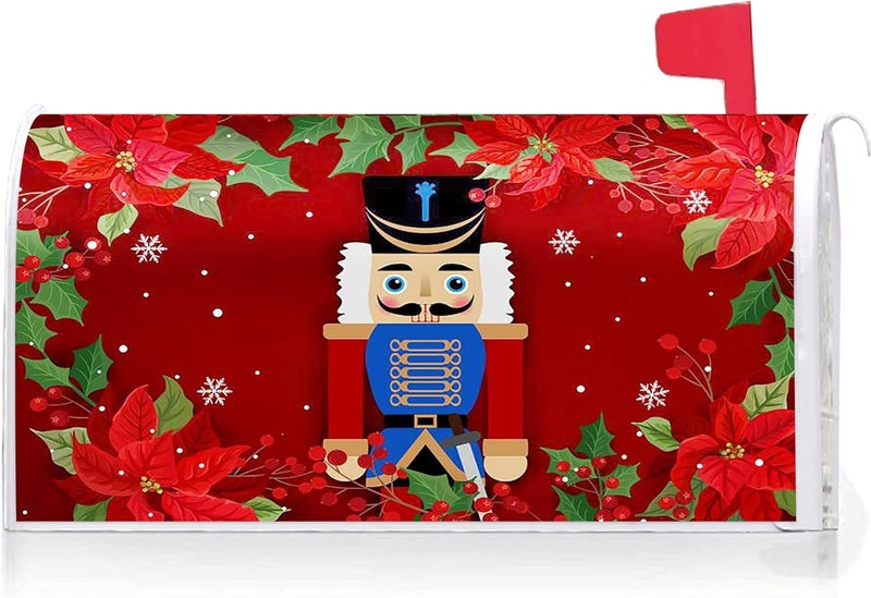 Texupday Merry Christmas Nutcracker Poinsettia Decoration Mailbox Cover with Magnetic Strip Winter Mailbox Wraps Post Letter Box Cover Standard Size 21" X 18" for Garden Outdoor Yard Decor - Image 1